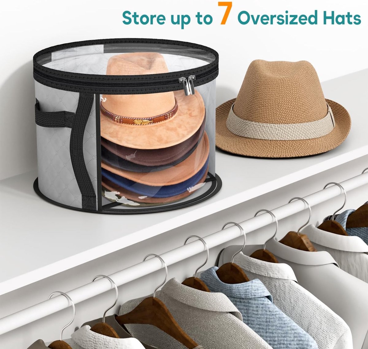 Hat Box - Hat Storage Box - Storage Box for Hats - Round Hat Boxes - Foldable Hat Storage Boxes - Stackable Hat Organizer - Baseball Cap Organizer - Hat Box - for up to 7 hats - perfect for your wardrobe - Grey