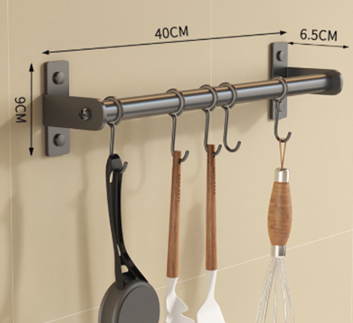 Kitchen hooks - with 5 hooks - hanging rail kitchen rail wall bracket - Kitchen organizer - To hang spatulas, soup spoons or knives - Towel rack - Hanging rack - Hanging hooks - Wall hooks - gun grey - 40cm - stainless steel
