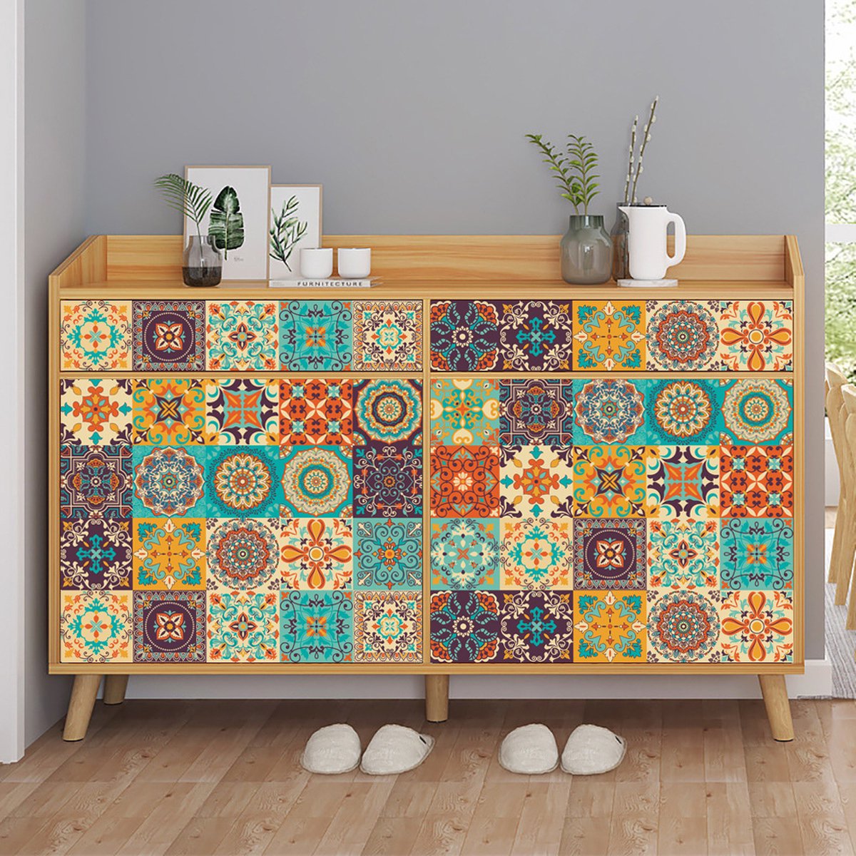 24 pieces - Self-adhesive adhesive foil tile stickers - Decorative sticker tiles - Self-adhesive tiles - Sticktiles - Bathroom - Kitchen - 15x15 cm - Retro Mandala - PVC - Colorful