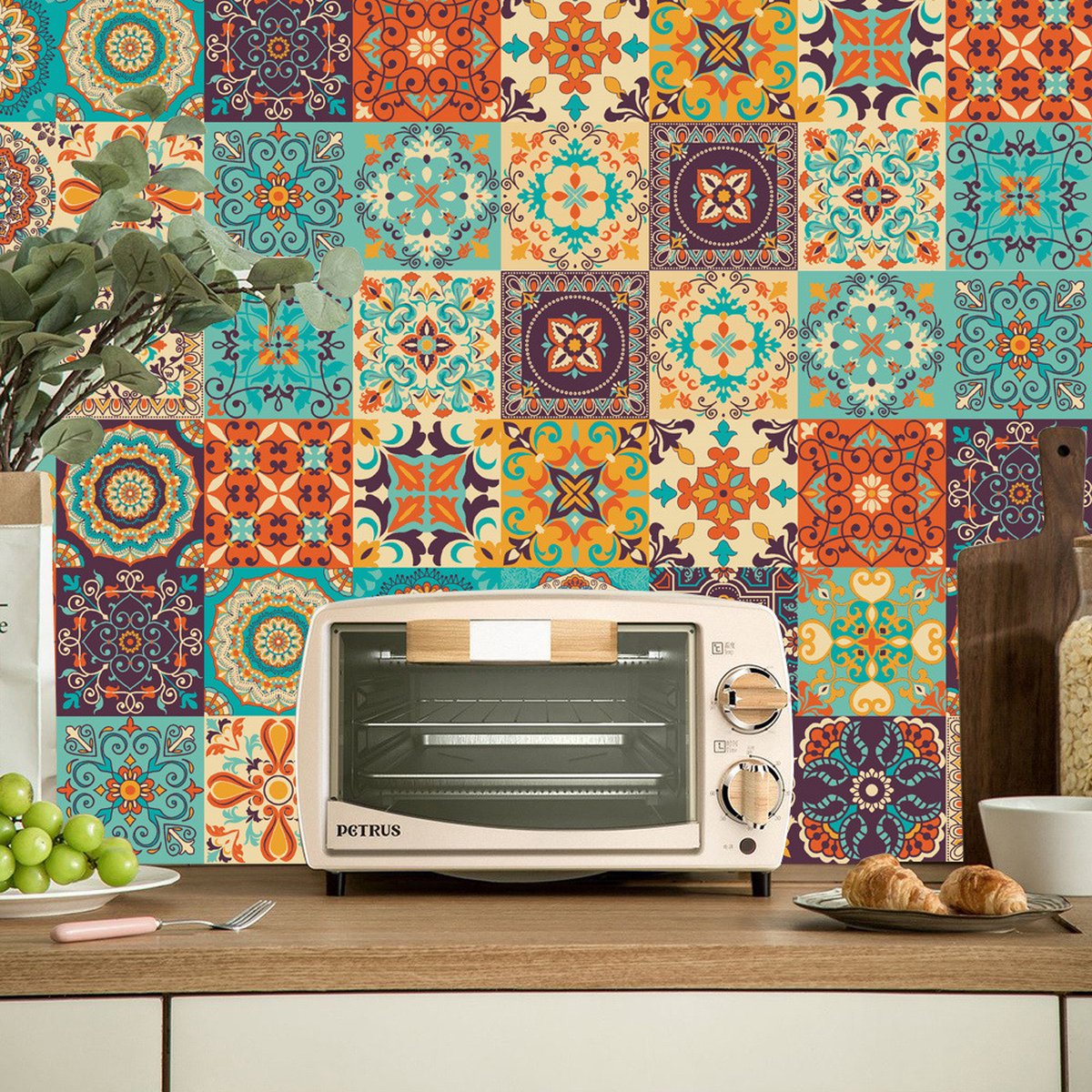 24 pieces - Self-adhesive adhesive foil tile stickers - Decorative sticker tiles - Self-adhesive tiles - Sticktiles - Bathroom - Kitchen - 15x15 cm - Retro Mandala - PVC - Colorful