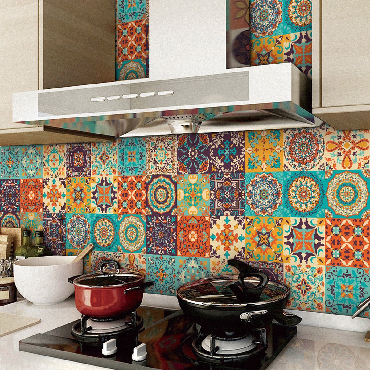 24 pieces - Self-adhesive adhesive foil tile stickers - Decorative sticker tiles - Self-adhesive tiles - Sticktiles - Bathroom - Kitchen - 15x15 cm - Retro Mandala - PVC - Colorful