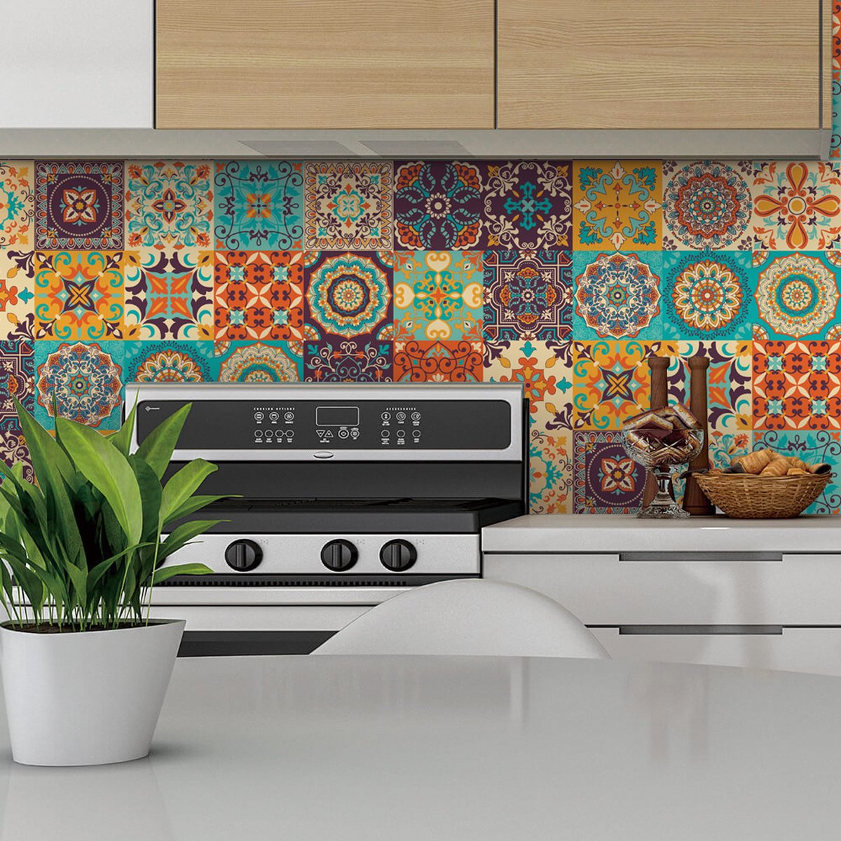 24 pieces - Self-adhesive adhesive foil tile stickers - Decorative sticker tiles - Self-adhesive tiles - Sticktiles - Bathroom - Kitchen - 15x15 cm - Retro Mandala - PVC - Colorful