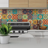 24 pieces - Self-adhesive adhesive foil tile stickers - Decorative sticker tiles - Self-adhesive tiles - Sticktiles - Bathroom - Kitchen - 15x15 cm - Retro Mandala - PVC - Colorful