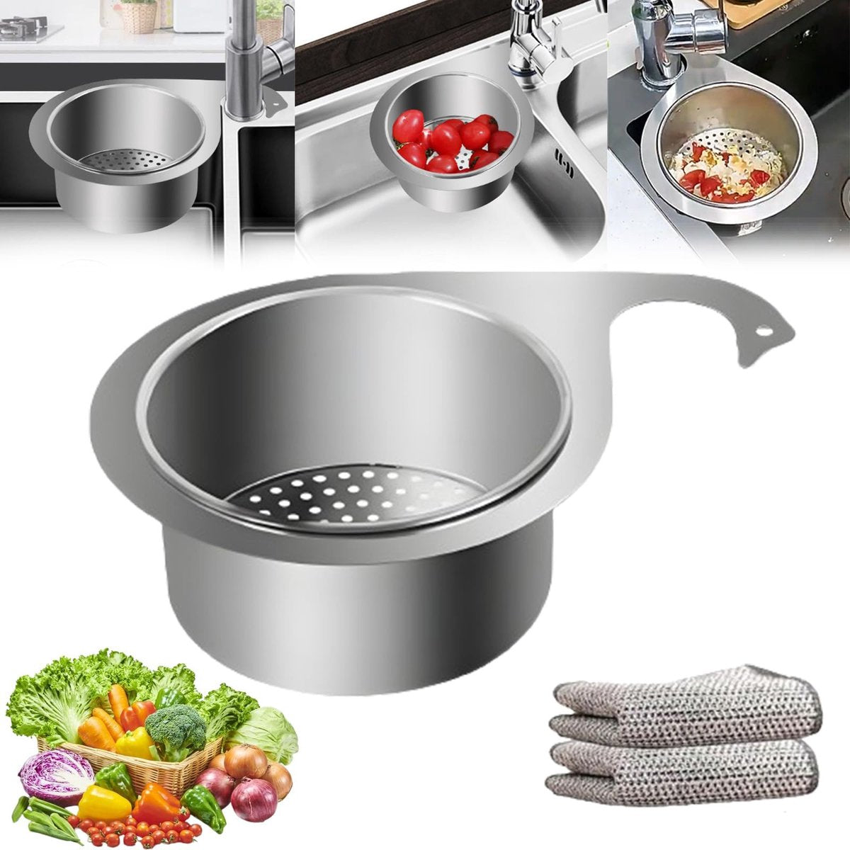 Colander - Sink Colander - 21*5.8 cm - Kitchen Utensils - Kitchen Colander - Silver - Stainless Steel - Sink Basket - Suitable for Kitchen Use