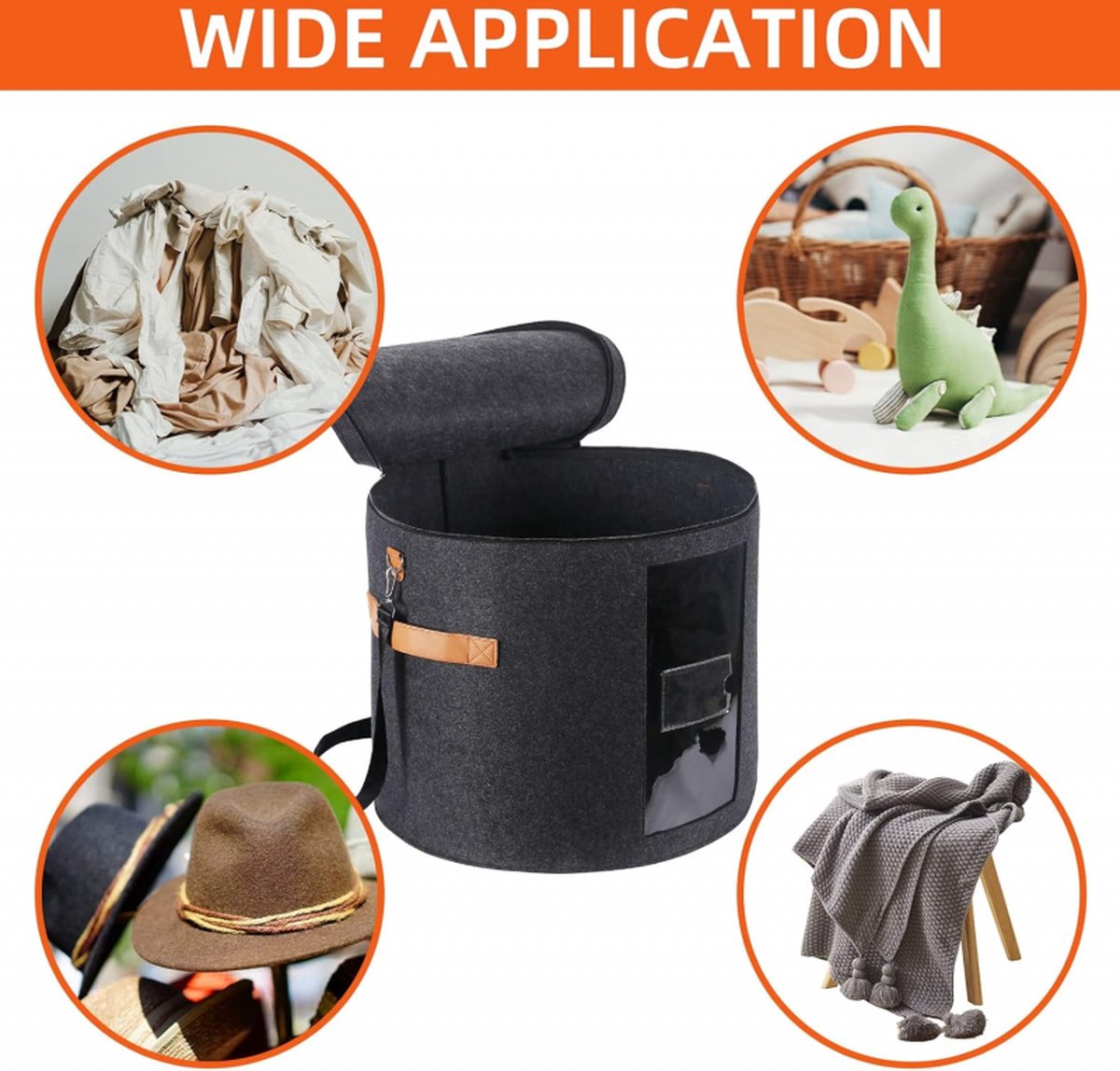 Hat box - storage boxes - Hat storage box - round - dark gray - 50 x 43 cm - felt - foldable - with lid and carrying handle and zipper - transparent window