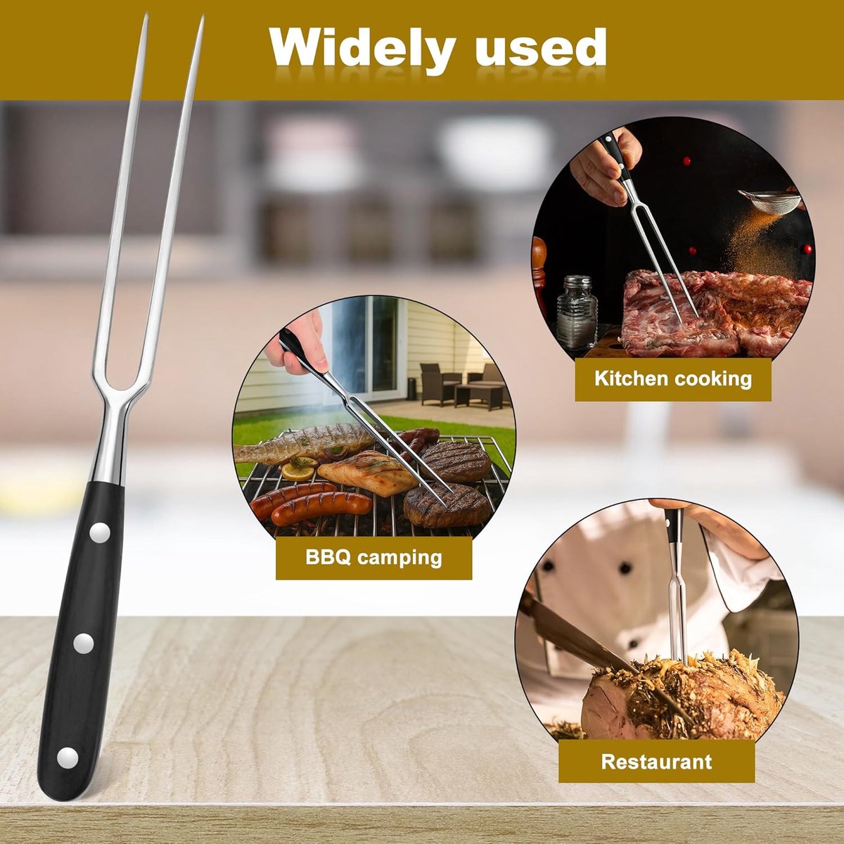 Waffle Fork - Meat Fork - Stainless Steel - With Handle - Serving Fork - Carving Fork - Waffle Iron Accessory - Cookware - Kitchen Utensils - For Grill Kitchen Turkey Roast Dinner - 30 cm - Black