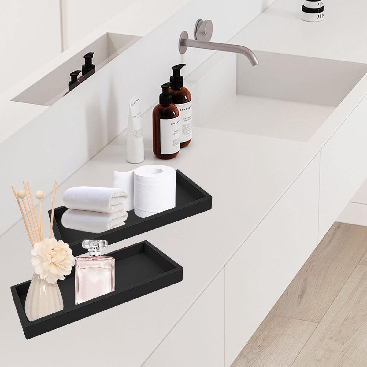 Tray - Set of 2 - Dressing table tray - Bathroom storage tray - Cosmetics storage tray - Bathroom storage box - Suitable for storing candles, soap, towels, perfume, etc. - Black - 20x10x1.8 cm