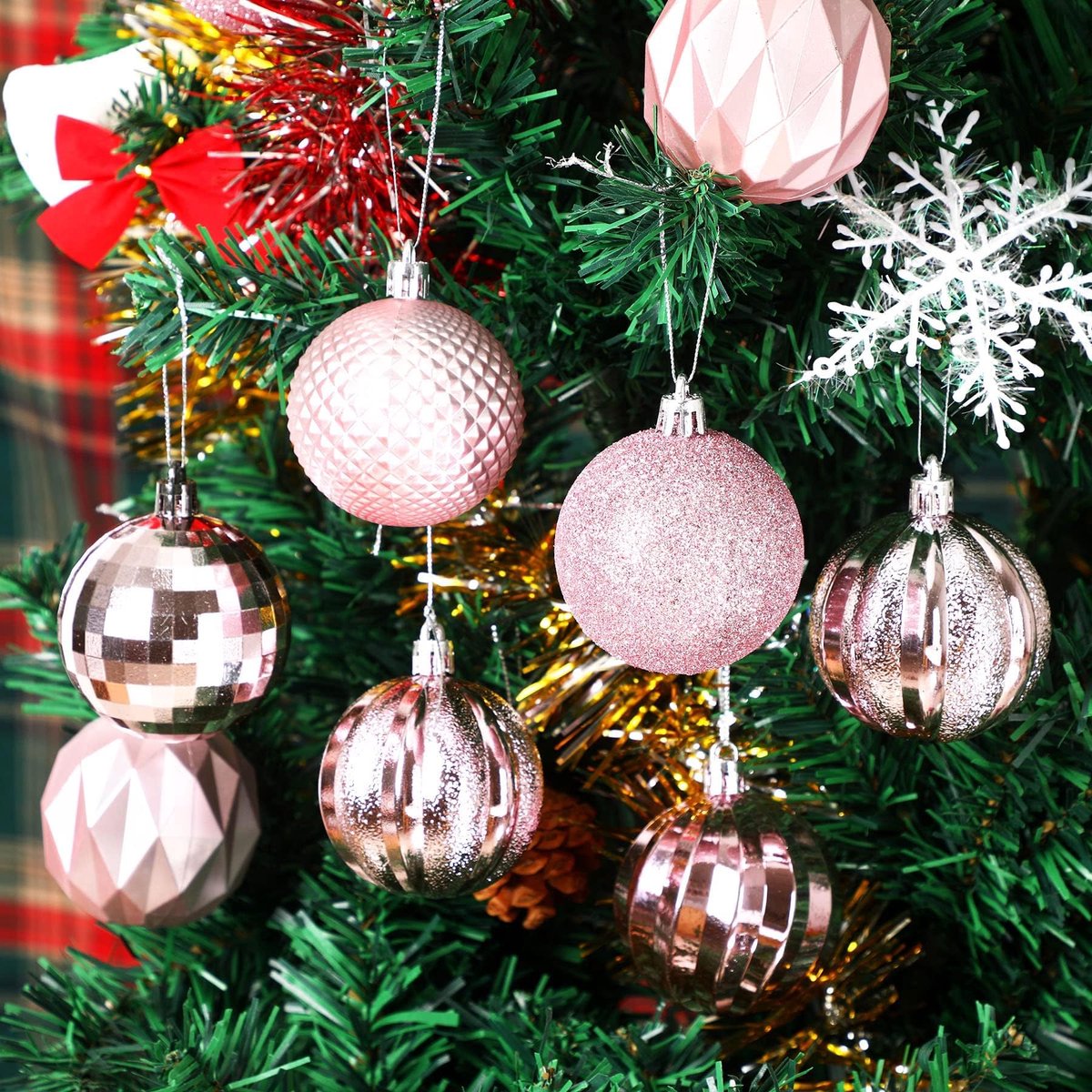 Christmas Baubles - Pack of 24 - Large Size, 6cm Diameter - Unbreakable Plastic - Christmas Tree Decoration - Various Christmas Bauble Decorations Suitable for Weddings, Mother's Day Party Decorations (Pink)
