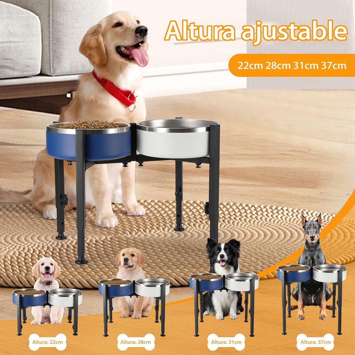 Dog Food Bowl Holder - Metal Food Bowl Holder - Adjustable Dog Food Bowl Holder - Double Food Bowl Holder - Suitable for Large, Medium, and Small Dogs - Black (Dog Food Bowl Not Included)