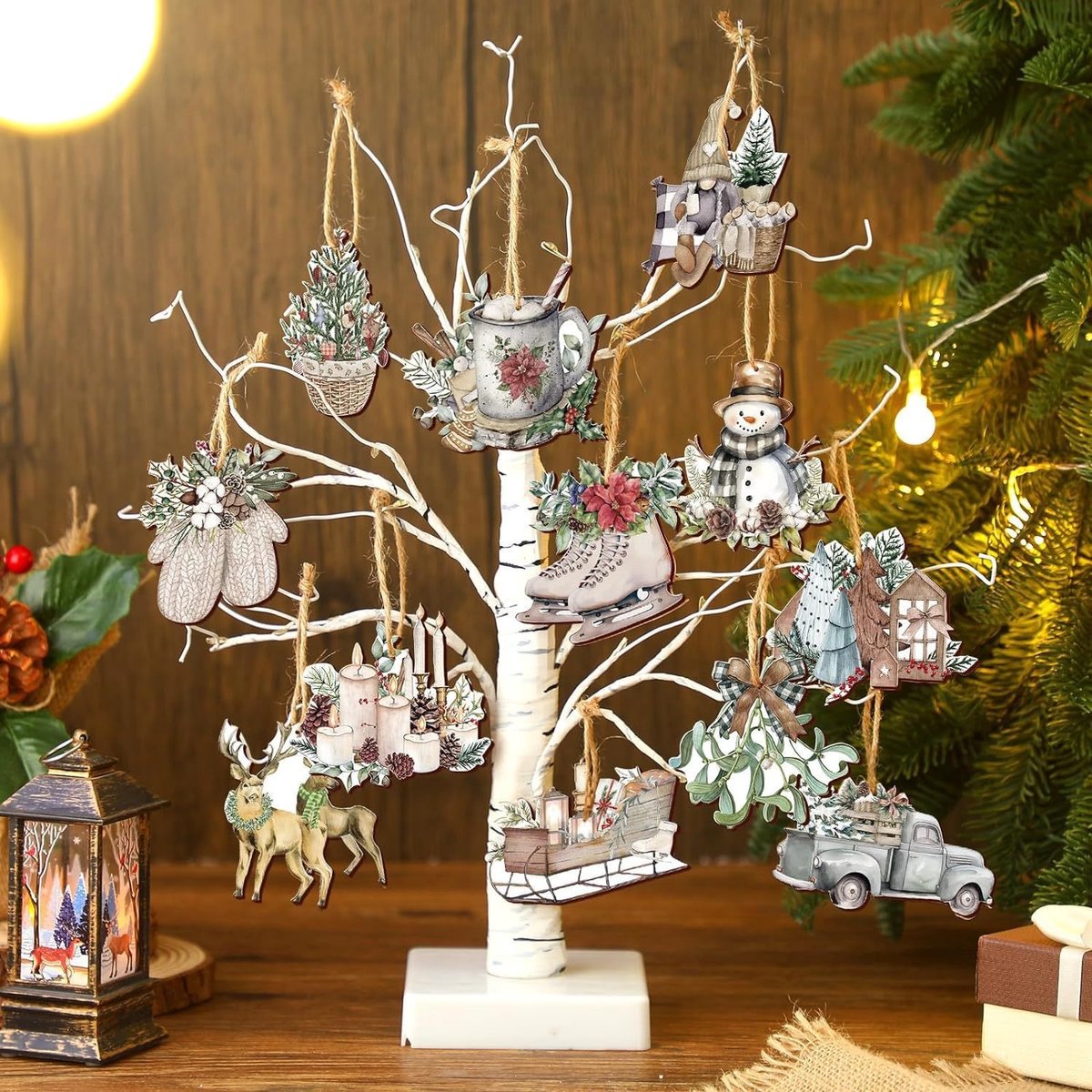 Christmas tree decorations (12 pieces) - Indoor Christmas decorations - Wooden Christmas tree decorations - Snowman - Sleigh - Reindeer set - Christmas decorations - Christmas decorations - Style A