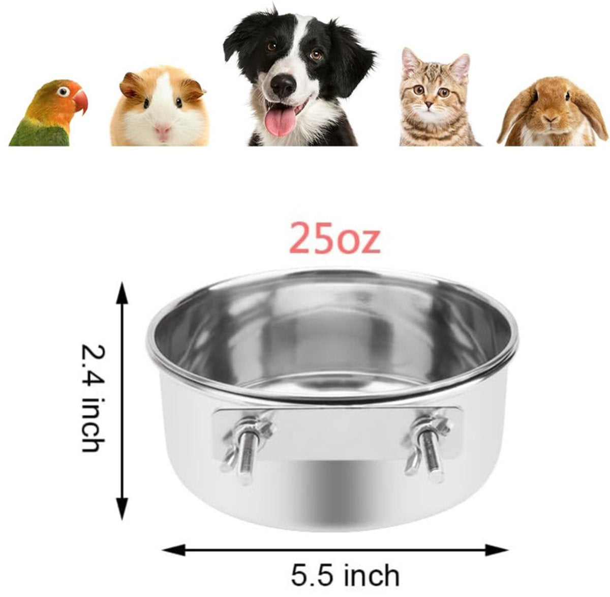 Pet Food Bowl - Stainless Steel Food Bowl - Hanging Food Bowl - with Clip Holder - Suitable for dogs, birds, parrots, cats and rabbits.