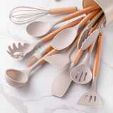 Set of 12 Silicone Kitchen Utensils with Wooden Handle - Storage Bucket - Non-Stick Pan & Kitchen Utensils - Cooking Spatula and Spoon Set