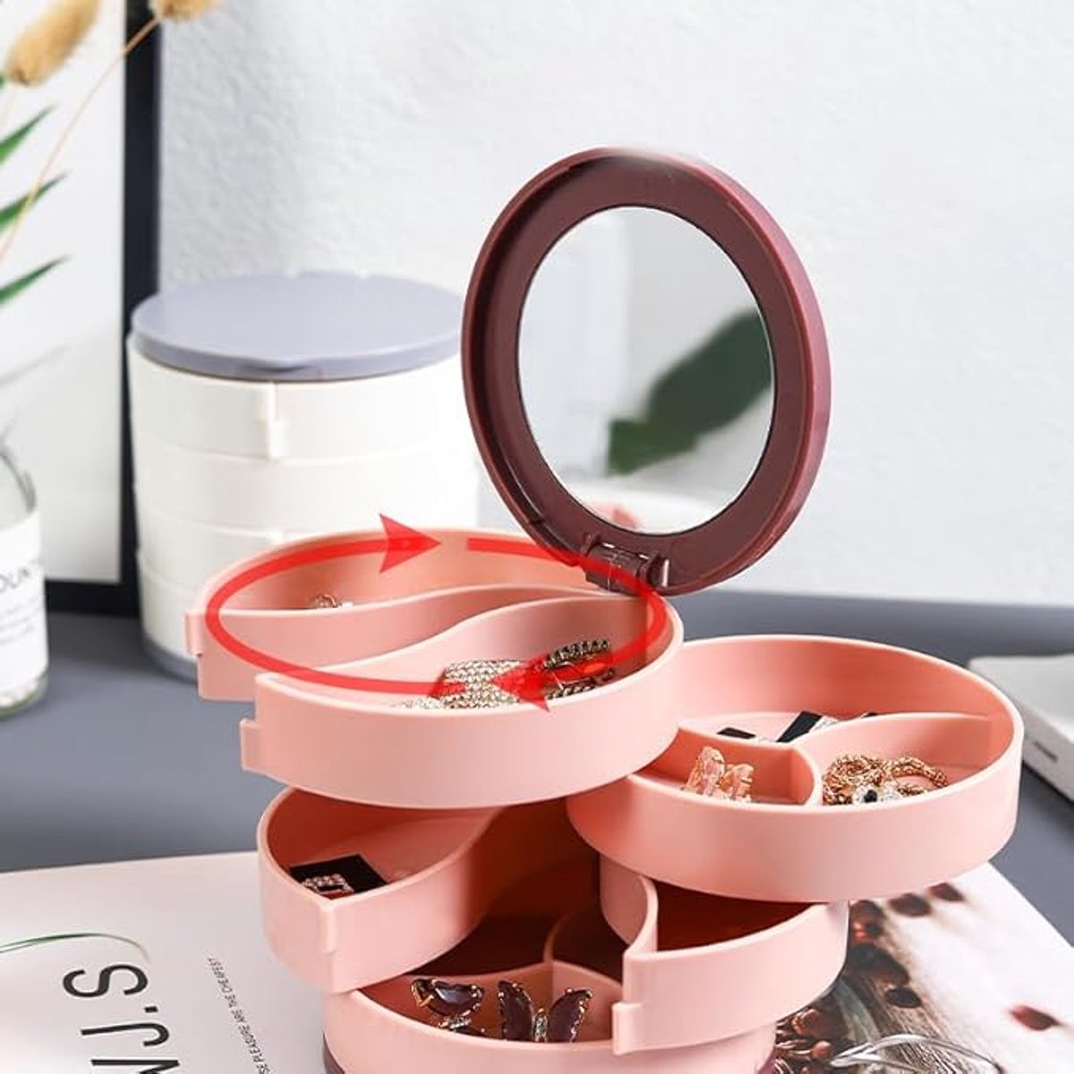 Jewelry Box - Foldable Storage Box - Rotating Jewelry Box with Multiple Layers - Elegant Storage Box for Earrings - Dust-free and Compact - Suitable for Earrings and Jewelry (Pink)