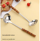 Spoons - 2-Piece Set - Stainless Steel Soup Spoon with Bamboo Handle - Long Handle Soup Spoon - Soup Spoon - Strainer - Strainer Set - Durable and Comfortable Kitchen Utensils