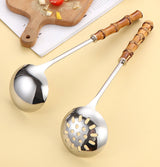 Spoons - 2-Piece Set - Stainless Steel Soup Spoon with Bamboo Handle - Long Handle Soup Spoon - Soup Spoon - Strainer - Strainer Set - Durable and Comfortable Kitchen Utensils