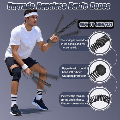 2-Pack Cordless Battle Ropes - Battle Rope - Fitness Rope - Soft Grip - For Home Gym & HIIT - Portable Arm and Core Trainer - Black