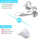 Stainless Steel Funnel Set - Set of 3 - Kitchen Funnels - Various Sizes - Funnels with Long Handles - With 2 Cleaning Brushes - Diameter: 7.5cm/5.5cm/4.5cm - Suitable for kitchen bottles, thermoses, small spice powders and k