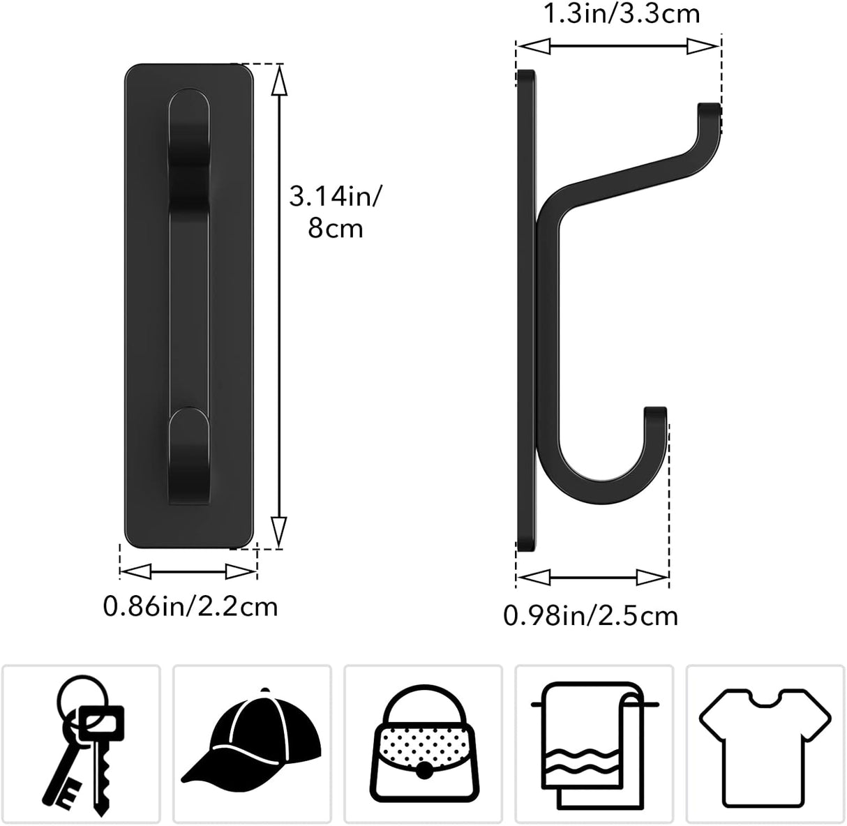 Black Towel Hooks - Set of 4 - Self-Adhesive Wall Hooks - No Drilling Required - For Bathroom & Kitchen