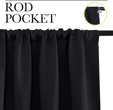 2 Pack Blackout Curtain Blinds for Bedroom, Thermal Insulated Rod Pocket Drapes for Light Blocking and Noise Reduction, Black, 106.7 x 160 cm