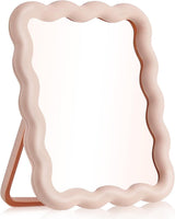 Wave-Shaped Folding Desk Mirror, Portable Pink Tabletop and Travel Mirror with Hanging and Standing Design for Vanity and Bedroom Decor, 17 x 14 cm