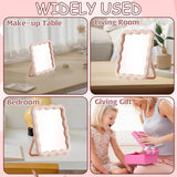 Wave-Shaped Folding Desk Mirror, Portable Pink Tabletop and Travel Mirror with Hanging and Standing Design for Vanity and Bedroom Decor, 17 x 14 cm