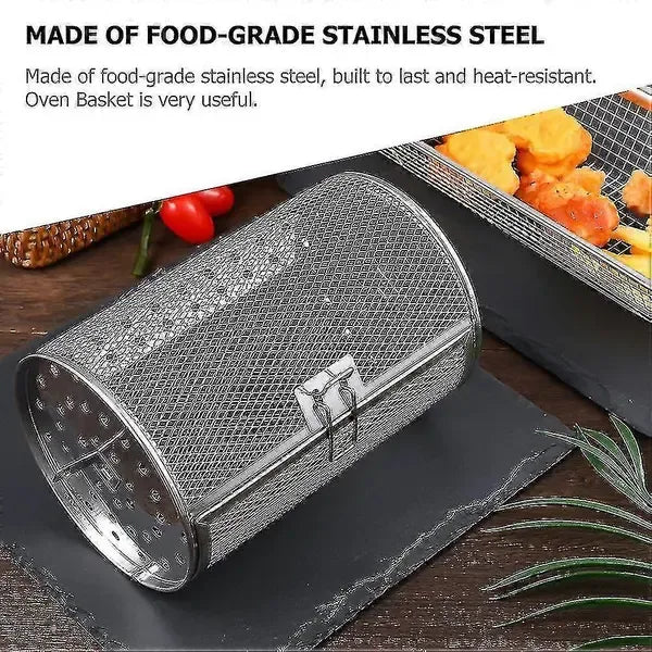 Stainless Steel Air Fryer Rotisserie Basket with 360 Degree Rotation for Fries, Nuts, Meat and Oven Cooking, Silver, 25 cm