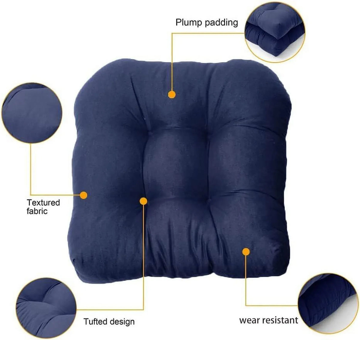 Outdoor Chair Seat Cushions 2 Pack, Waterproof Thickened Tufted U Shaped Patio Chair Cushions for Patio Furniture, Navy Blue 18 x 18 Inch