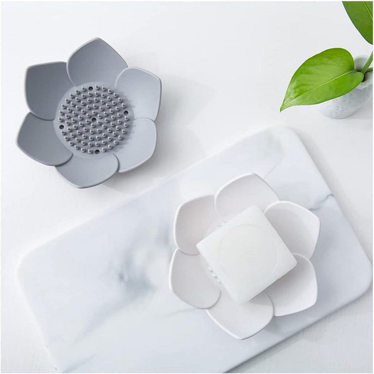 Silicone Soap Dishes with Draining - Lotus Shaped Bathroom Bar Soap Holder for Shower - Soap Tray for Kitchen Sink - Floral Shape Soap Saver for Counter Bathtub(1/4 Pack) White