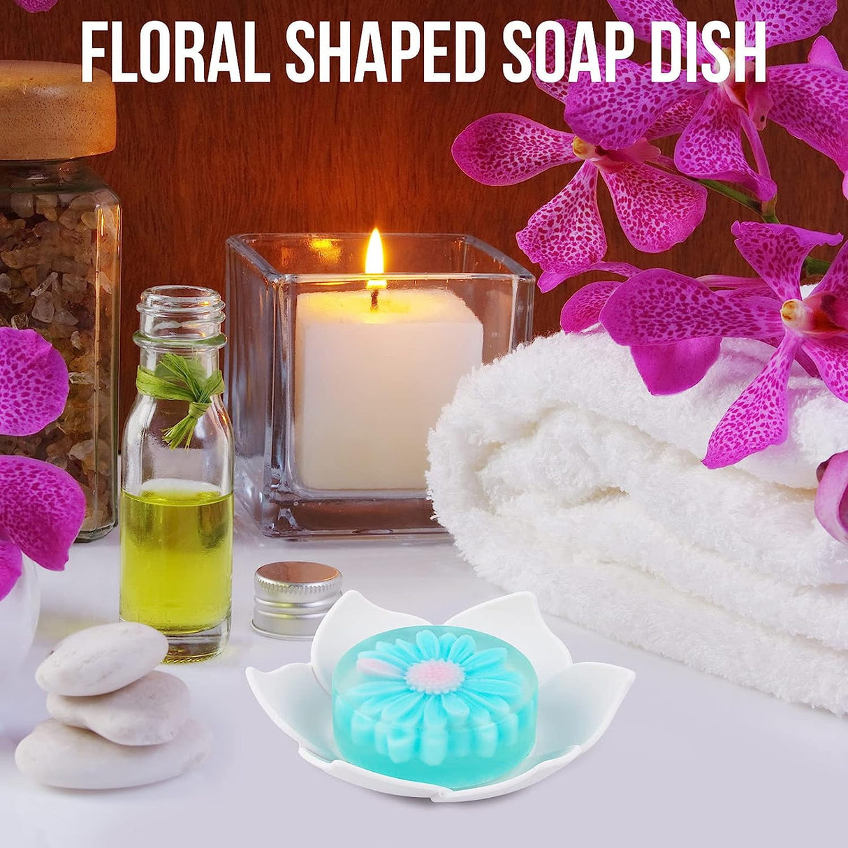 Silicone Soap Dishes with Draining - Lotus Shaped Bathroom Bar Soap Holder for Shower - Soap Tray for Kitchen Sink - Floral Shape Soap Saver for Counter Bathtub(1/4 Pack) White