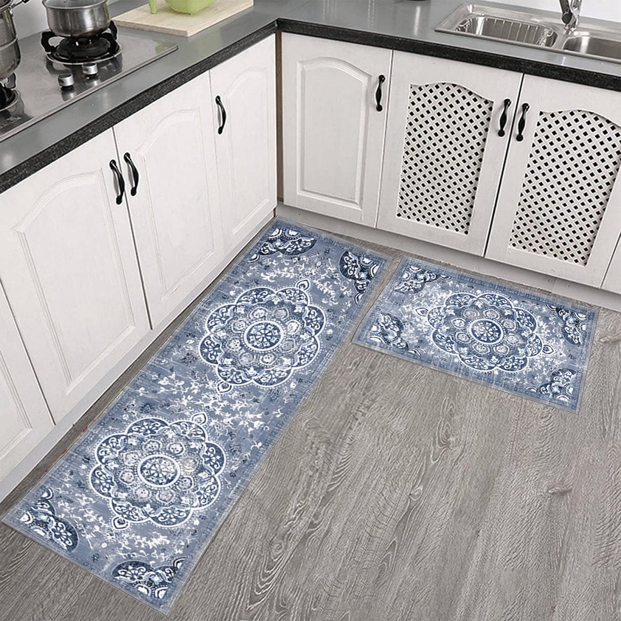Tyidzon Kitchen Mats for Floor Set of 2 Pcs, Cushioned Non Slip Kitchen Rugs for Kitchen Floor, Absorbent Runner Comfort Standing Mats Washable for Kitchen, Office, Home (15"x47"+15"x23") Orange,Blue