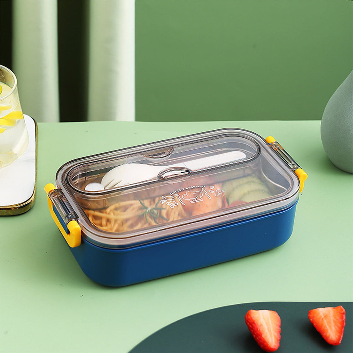 Xuniizn Bento Box Adult Lunch Box, Containers for Adults Men Women, Lunchable Food Container with Utensils, Sauce Jar, Muffin Liners, Microwave & Dishwasher Safe Blue#9