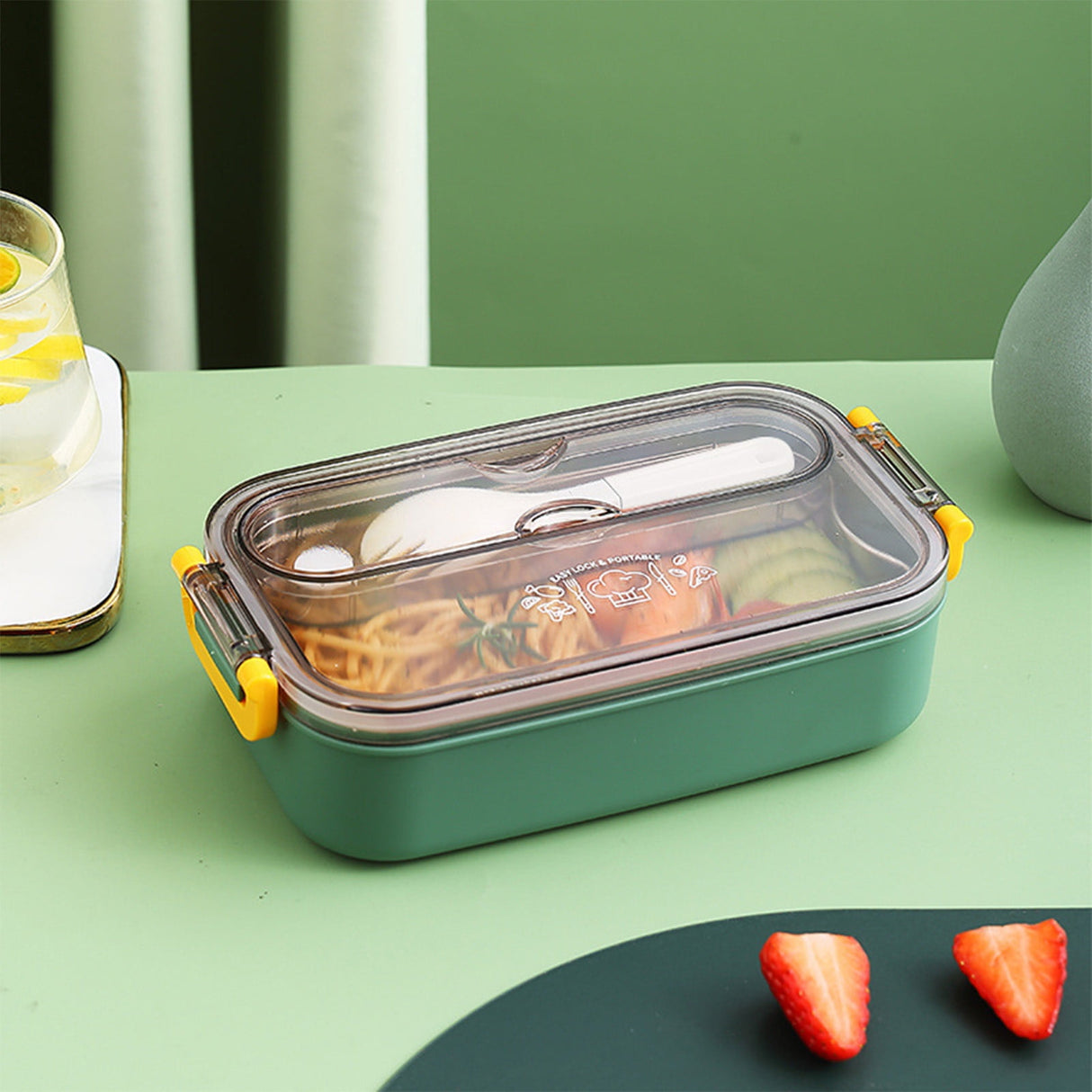 Xuniizn Bento Box Adult Lunch Box, Containers for Adults Men Women, Lunchable Food Container with Utensils, Sauce Jar, Muffin Liners, Microwave & Dishwasher Safe Green#5