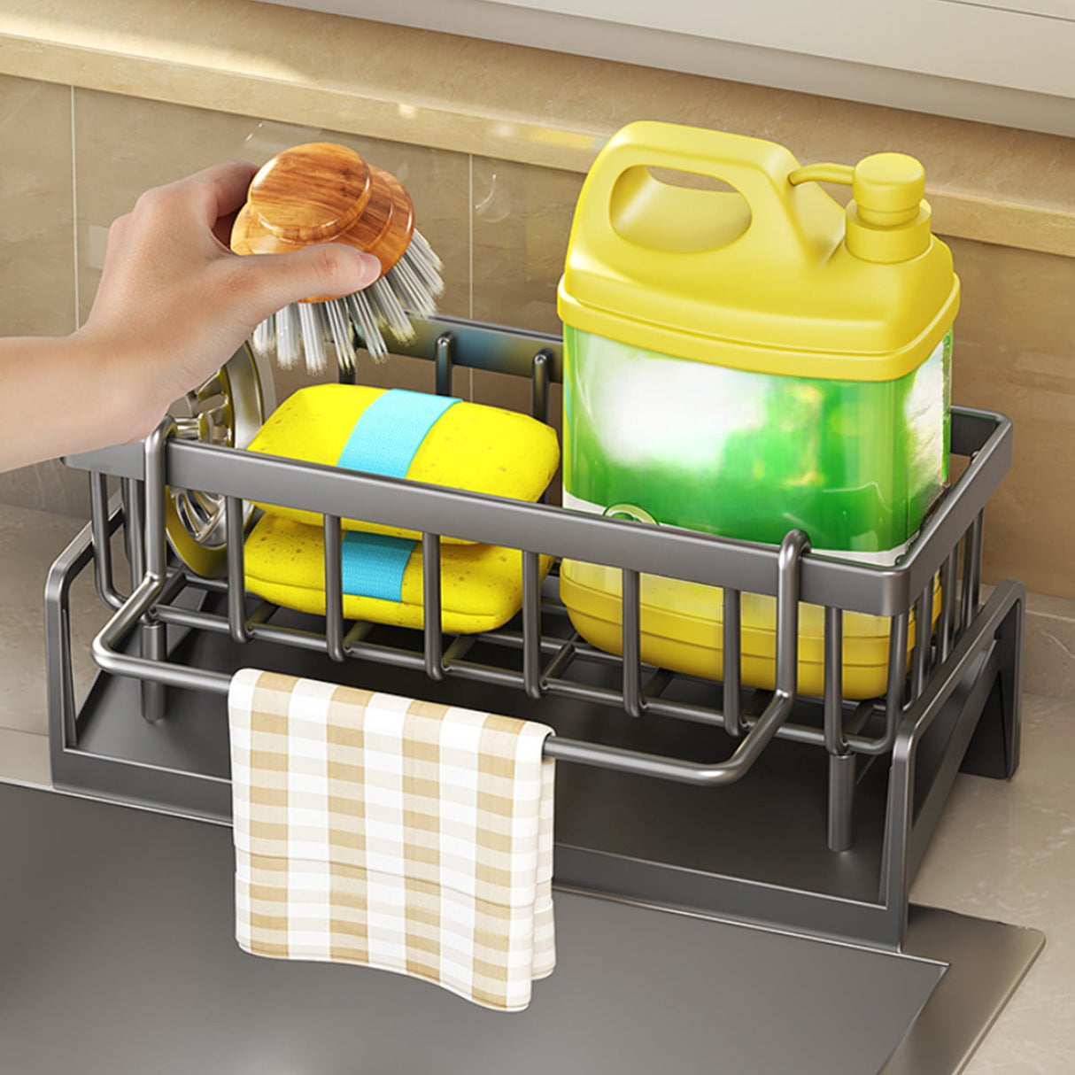 PALIFEUR Sponge Holder for Kitchen Sink, Kitchen Sink Organizer Rustproof 304 Stainless Steel Detachable Dishcloth Rack Sink Caddy, Kitchen Sponge Holder Bathroom Organizer Brush Holder Storage Gray