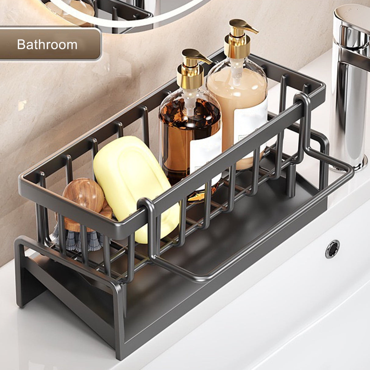 PALIFEUR Sponge Holder for Kitchen Sink, Kitchen Sink Organizer Rustproof 304 Stainless Steel Detachable Dishcloth Rack Sink Caddy, Kitchen Sponge Holder Bathroom Organizer Brush Holder Storage Gray