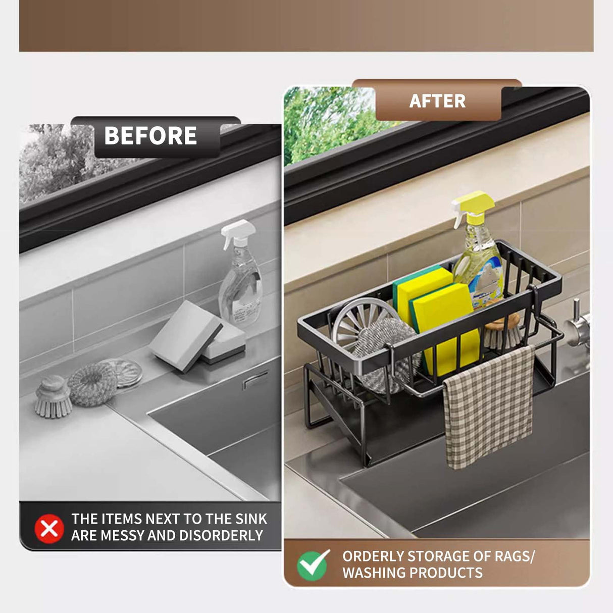PALIFEUR Sponge Holder for Kitchen Sink, Kitchen Sink Organizer Rustproof 304 Stainless Steel Detachable Dishcloth Rack Sink Caddy, Kitchen Sponge Holder Bathroom Organizer Brush Holder Storage XA_#Gray