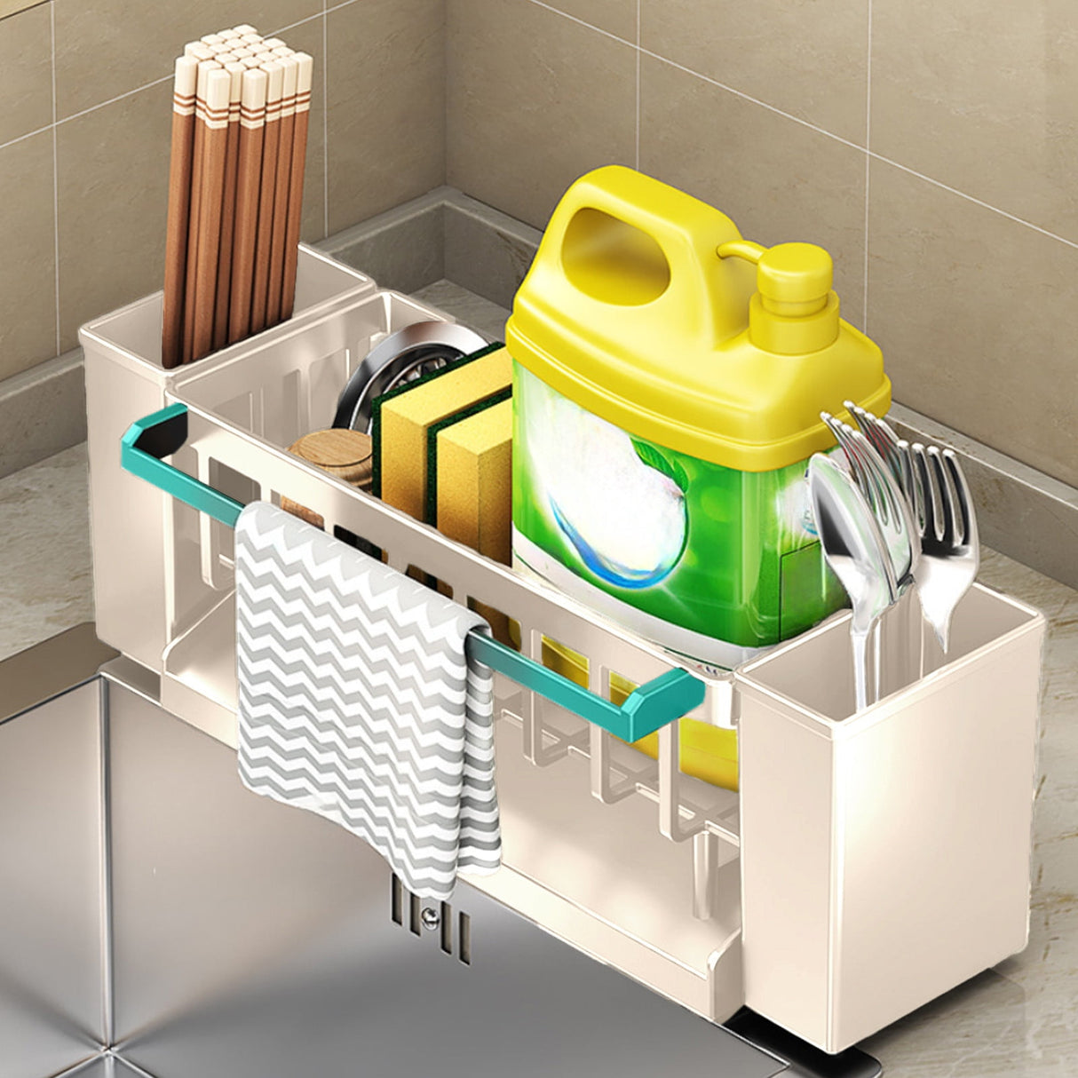 PALIFEUR Sponge Holder for Kitchen Sink, Kitchen Sink Organizer Rustproof 304 Stainless Steel Detachable Dishcloth Rack Sink Caddy, Kitchen Sponge Holder Bathroom Organizer Brush Holder Storage XB_#Beige