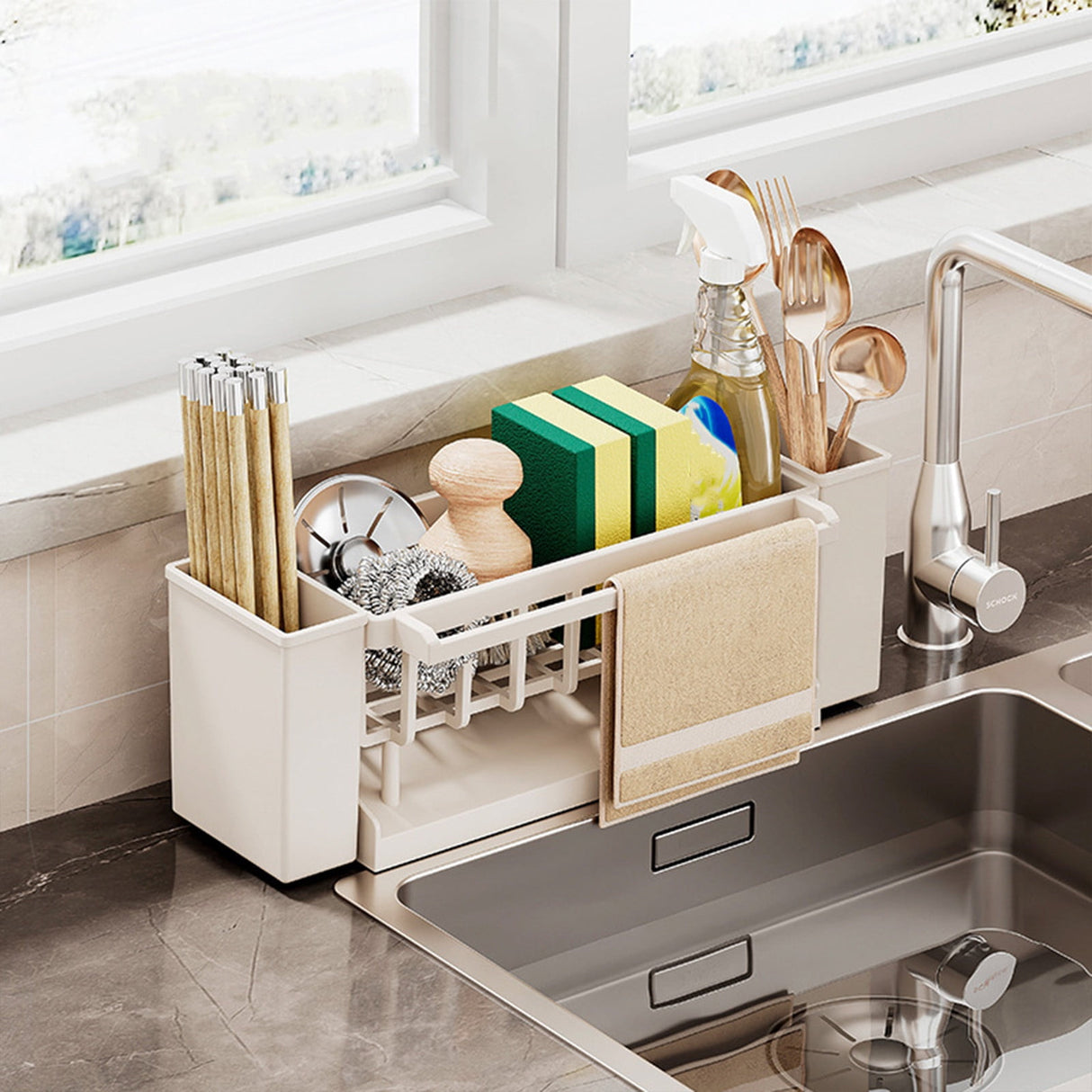 PALIFEUR Sponge Holder for Kitchen Sink, Kitchen Sink Organizer Rustproof 304 Stainless Steel Detachable Dishcloth Rack Sink Caddy, Kitchen Sponge Holder Bathroom Organizer Brush Holder Storage XB_#Beige