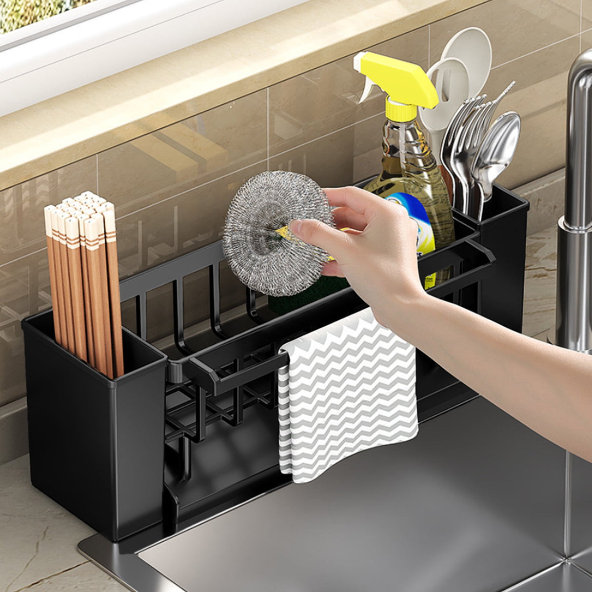 PALIFEUR Sponge Holder for Kitchen Sink, Kitchen Sink Organizer Rustproof 304 Stainless Steel Detachable Dishcloth Rack Sink Caddy, Kitchen Sponge Holder Bathroom Organizer Brush Holder Storage XB_#Black