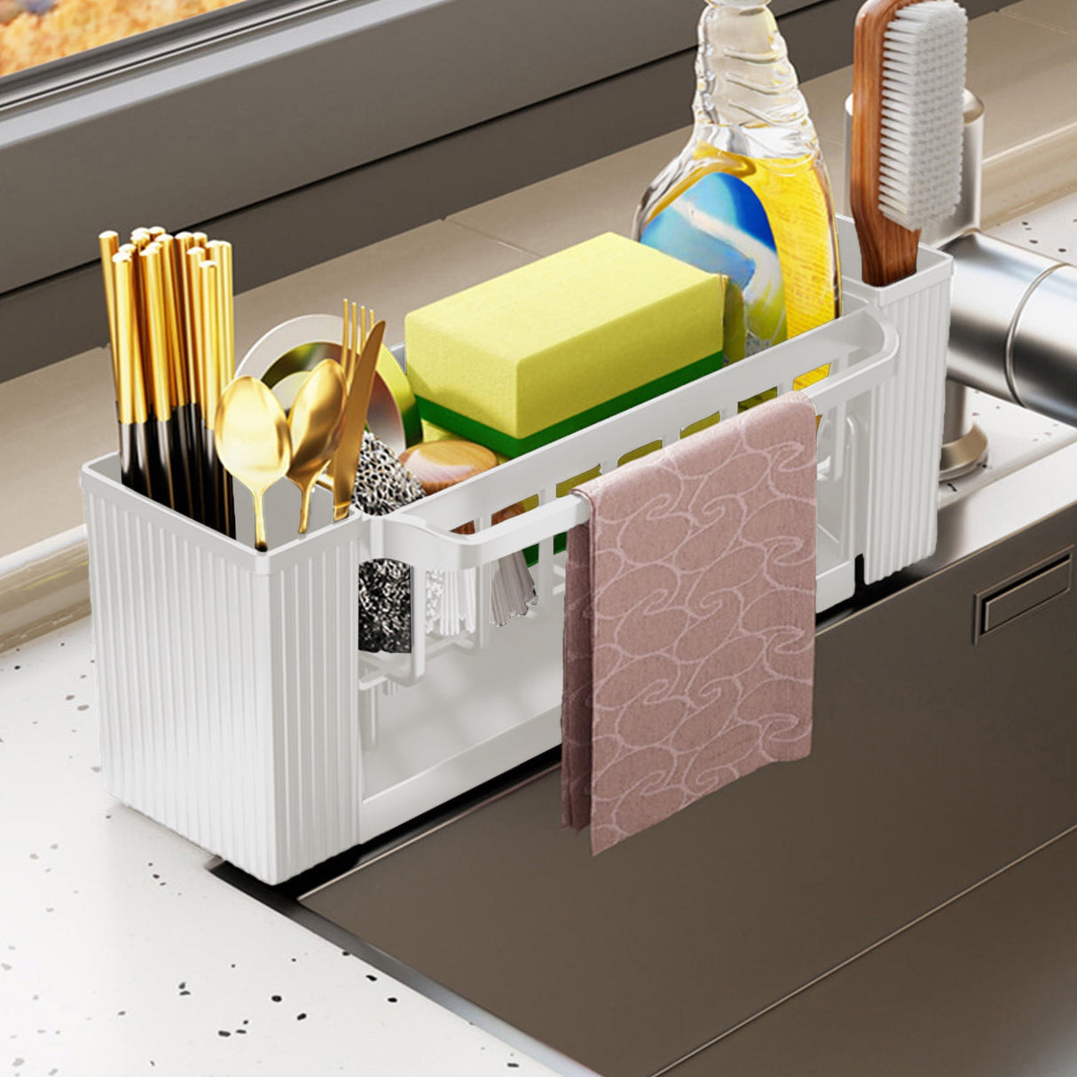 Kitchen sink sponge rack, kitchen sink storage rack, rust-proof detachable dishcloth rack, sink storage rack, kitchen sponge rack, bathroom storage rack, brush holder #beige