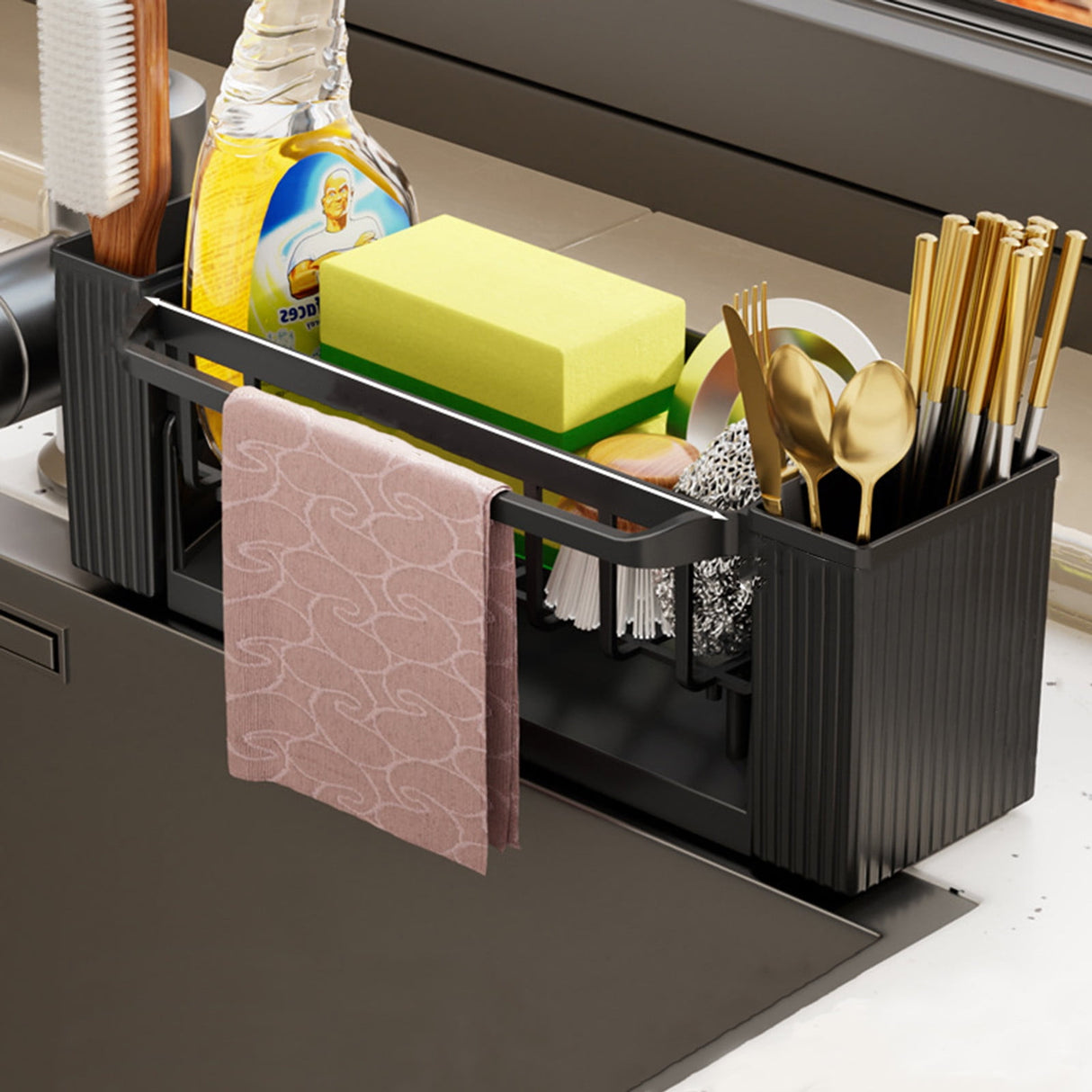 PALIFEUR Sponge Holder for Kitchen Sink, Kitchen Sink Organizer Rustproof 304 Stainless Steel Detachable Dishcloth Rack Sink Caddy, Kitchen Sponge Holder Bathroom Organizer Brush Holder Storage XC_#Black