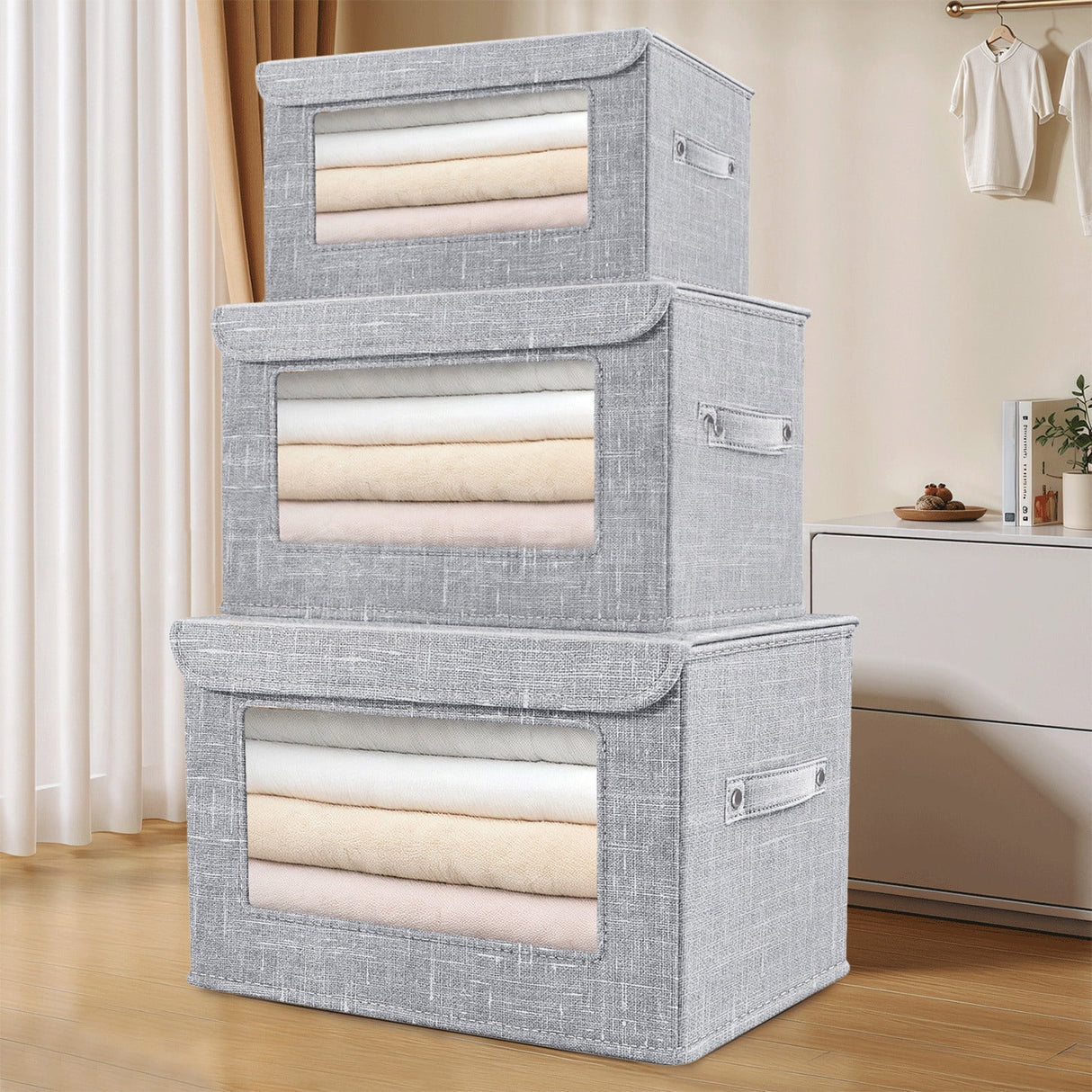 Wzzjkit Clothes Storage Bins, Foldable Storage Bin for Clothes, Clothing Storage Bins with Lid, Linen Storage Box with Clear Window＆ Zippers＆ Sturdy Handles S