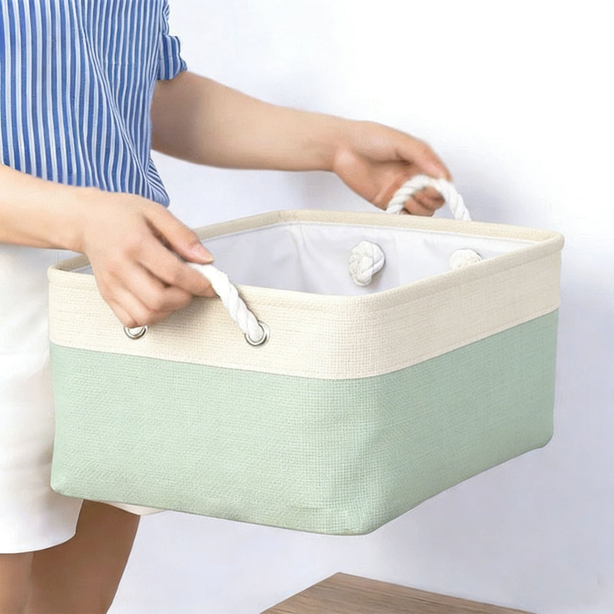 LGCASL Fabric Storage Box, Fabric Storage Box, Storage Basket with Handles and for Clothes Shelves Closet Wardrobe Home Wear and Reinforced, Light Gray S(12.2×5.1×8.2Inch) L16.4×7.8×12.5inch) Light Green