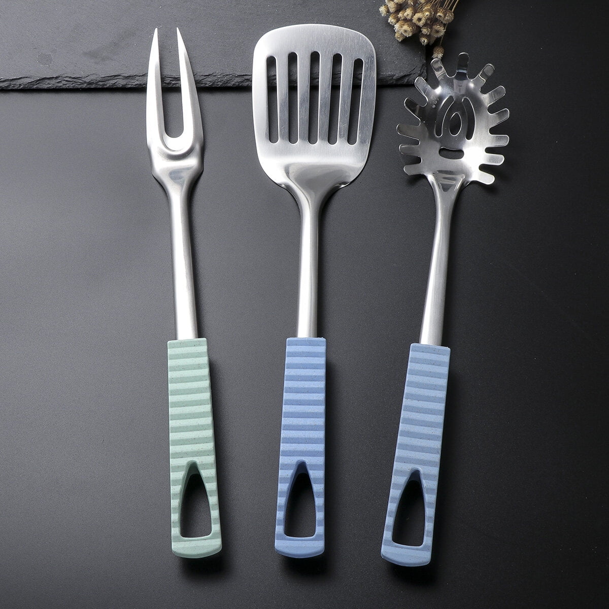 Ortofally Kitchen Utensils Stainless Steel Cooking Tools Heat Resistant Kitchen Gadgets Dishwasher Safe 34.50X3.50X2.00CM Silver