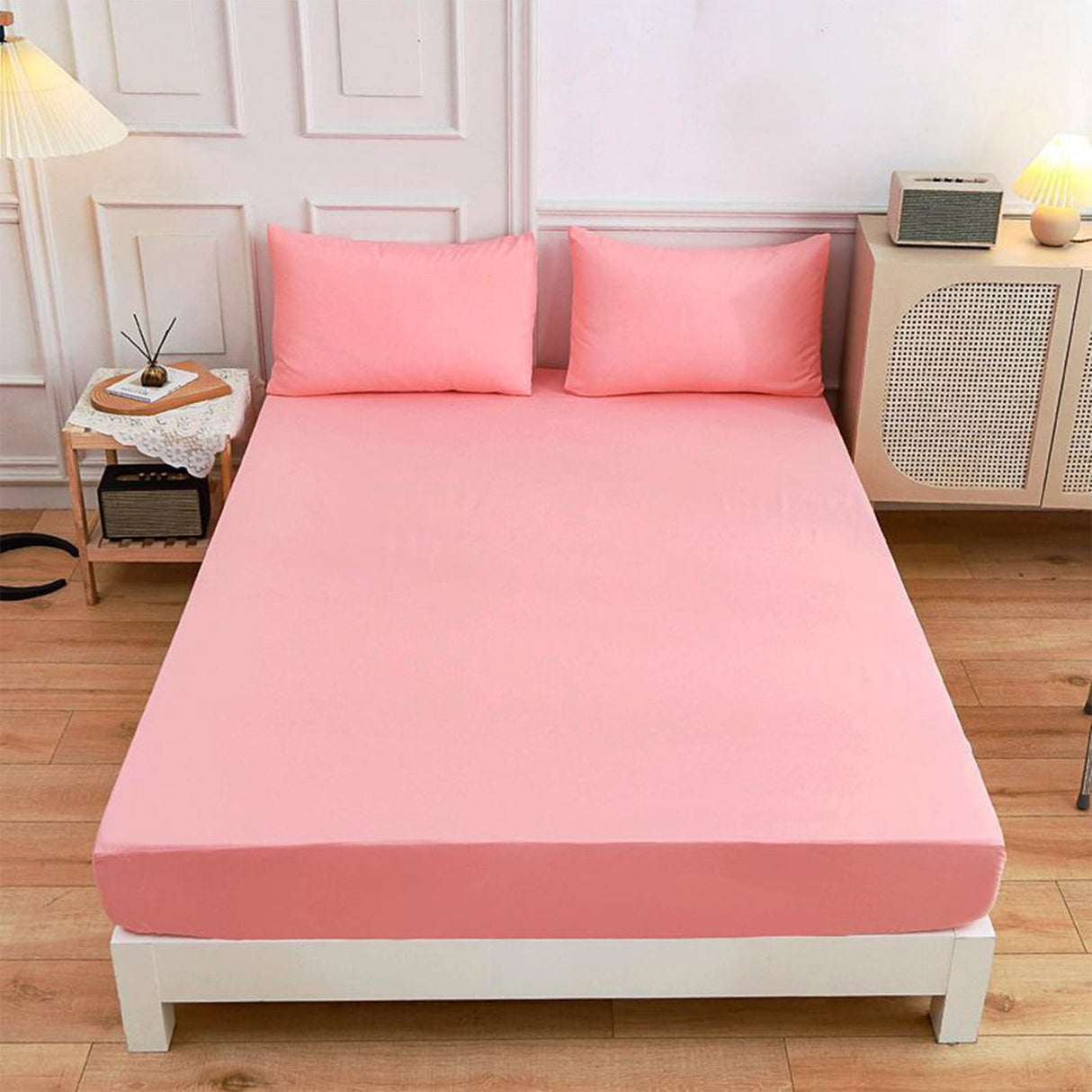 King Size Fitted Sheet, 100% Egyptian Cotton, Deep Pocket Premium Cotton Mattress Sheet,Double Bed Fitted Sheet Piece Non-Slip Fixed Bed Cover All-Inclusive Mattress Protection Bed Cover Pink