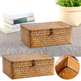 Wicker Shelf Baskets Bin with Lid, Handwoven Seagrass Basket Storage Bins Rectangular Household Basket Boxes for Shelf Wardrobe Home Organizer, Coffee Color 10.2" x 6.3" x 3.9" Brown