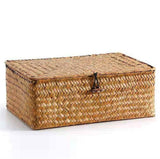 Wicker Shelf Baskets Bin with Lid, Handwoven Seagrass Basket Storage Bins Rectangular Household Basket Boxes for Shelf Wardrobe Home Organizer, Coffee Color 10.2" x 6.3" x 3.9" Brown