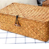 Wicker Shelf Baskets Bin with Lid, Handwoven Seagrass Basket Storage Bins Rectangular Household Basket Boxes for Shelf Wardrobe Home Organizer, Coffee Color 10.2" x 6.3" x 3.9" Brown