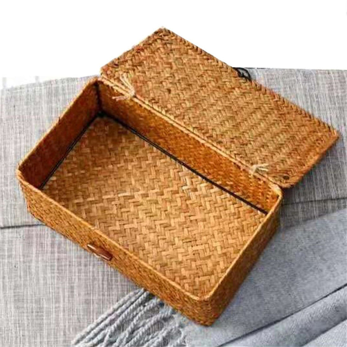 Wicker Shelf Baskets Bin with Lid, Handwoven Seagrass Basket Storage Bins Rectangular Household Basket Boxes for Shelf Wardrobe Home Organizer, Coffee Color 10.2" x 6.3" x 3.9" Brown
