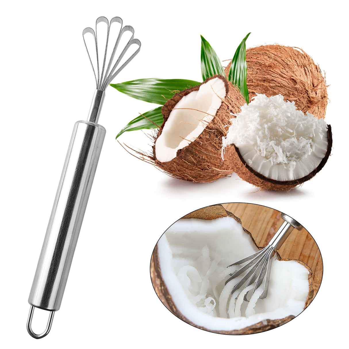 Stainless Steel Coconut Scraper, Manual Multi-Purpose Grater for Fruits, Vegetables, Fish Scales, Kitchen Tool with Suction Base & Safety Guard 7.67" x 1.37" Silver
