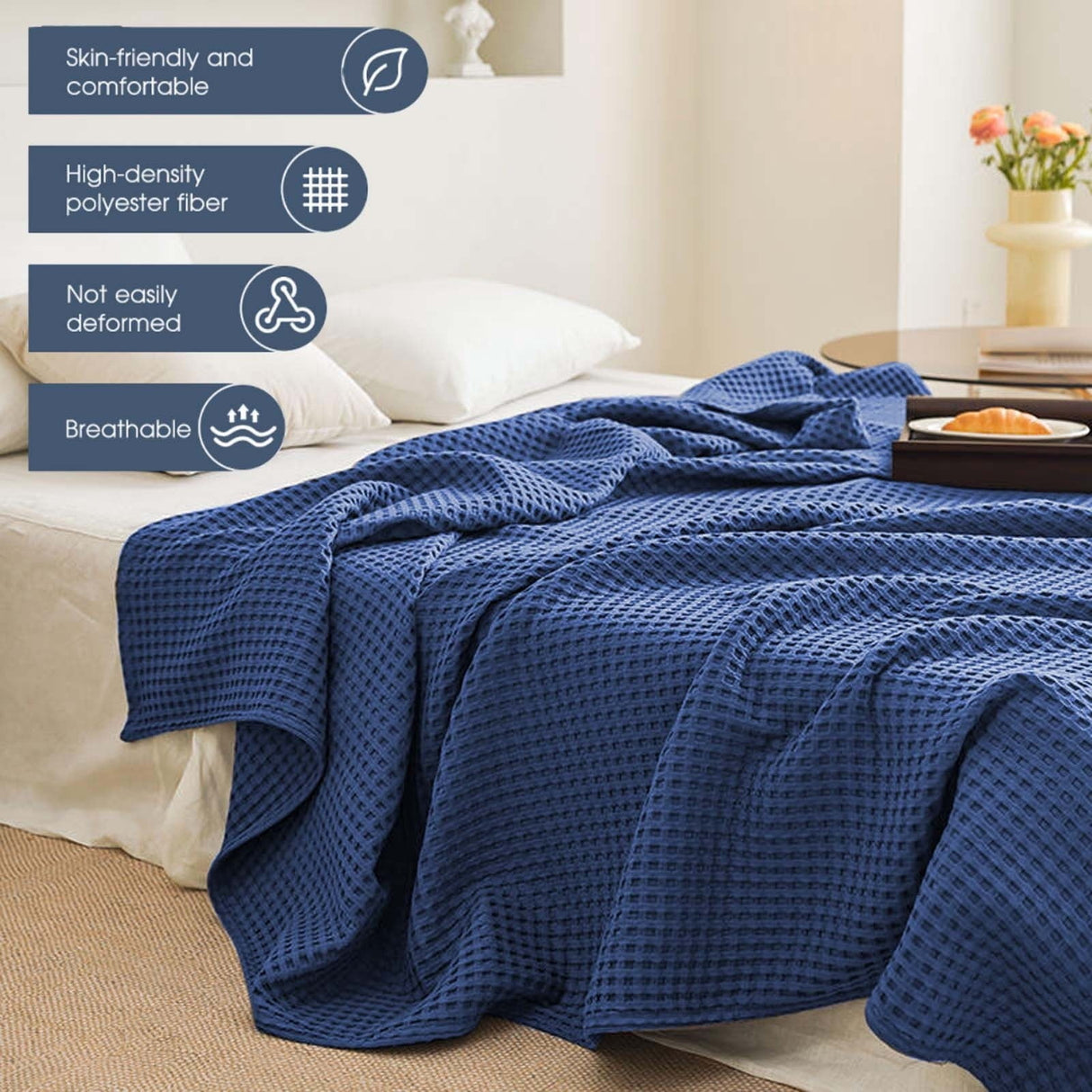 Lightweight Waffle Weave Blanket Queen Size, Breathable & Ultra Soft, 43.30"x 59.05" Soft & Cozy Thin Blanket, Perfect for Summer & Hot Sleepers, Bed, Home Decor - Mediterranea (Blue) 43.30" x 59.05" Blue